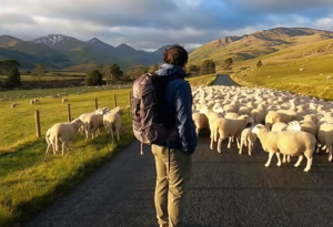 50代男性が羊で溢れたニュージーランドの道路で旅を実感している