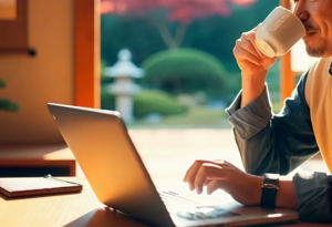 50代男性が仕事前の朝のひと時にコーヒーを飲みながらオンライン英会話を楽しんでいる。