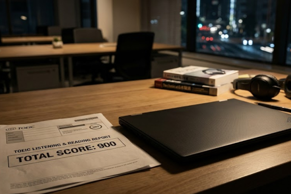 TOEICの得点表とパソコン